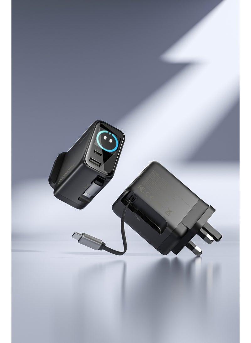 Powerology 100W Adapter with Retractable Type-C Cable, Multi-Device Charging, AI GaN Technology, TFT Display, Ultra-Fast Charging, Built-In Safeguards, USB-C & USB-A Ports - Black - Image 4